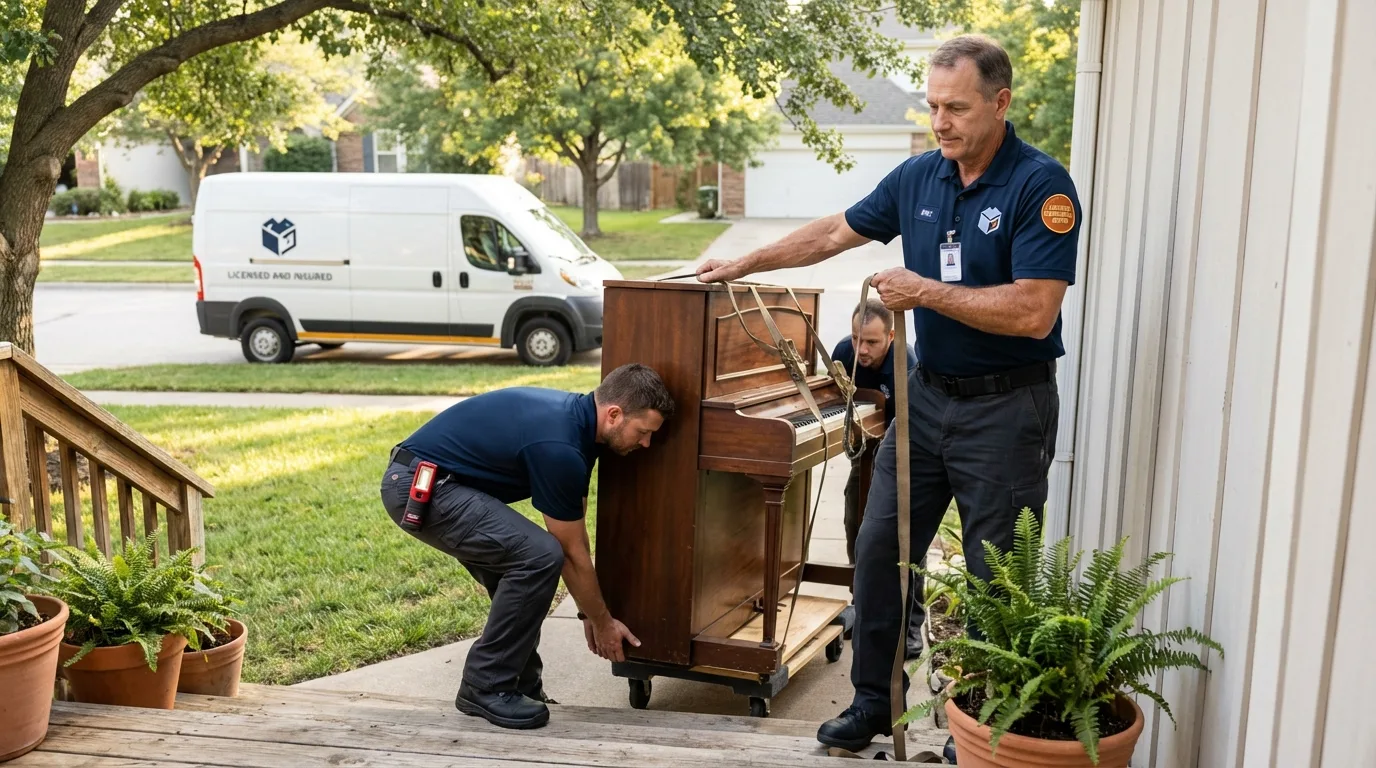 Licensed piano movers securing grand piano in Frankfort, ME