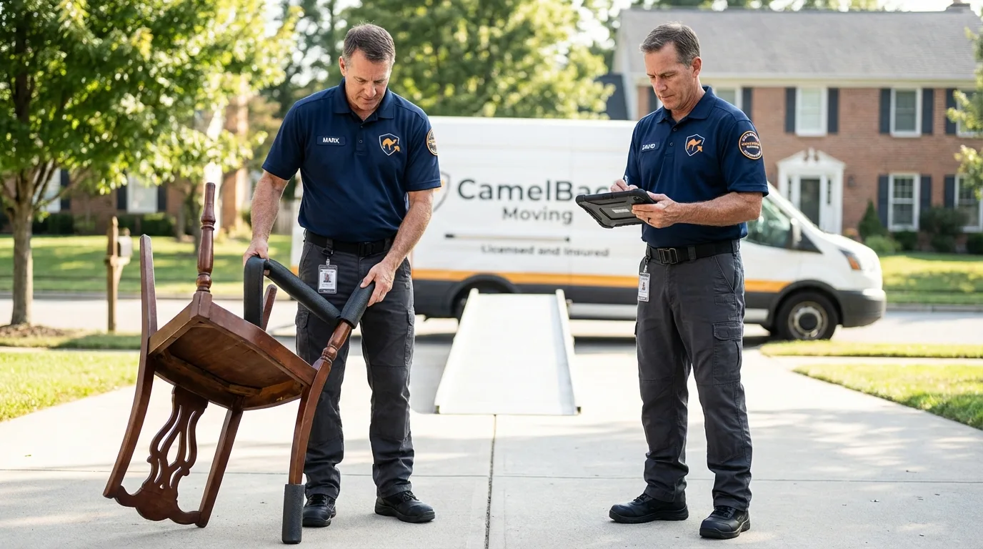 Movers inspecting furniture for damage prevention before loading in Frankfort, ME