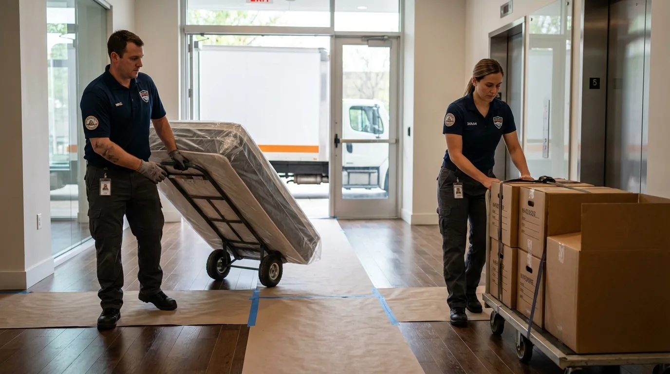 Professional apartment movers loading elevator in Frankfort, ME