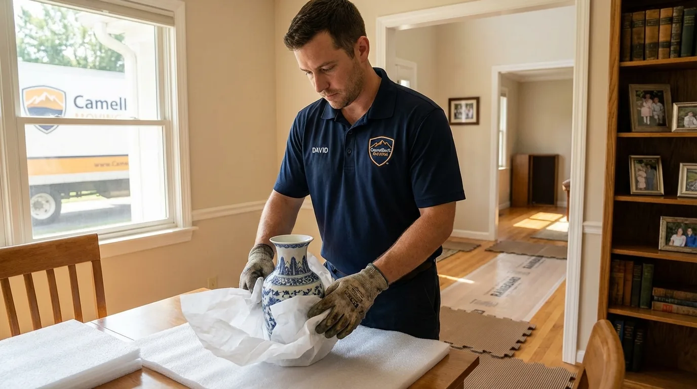 Professional crew carefully wrapping antique vase for senior downsizing move in Frankfort, ME