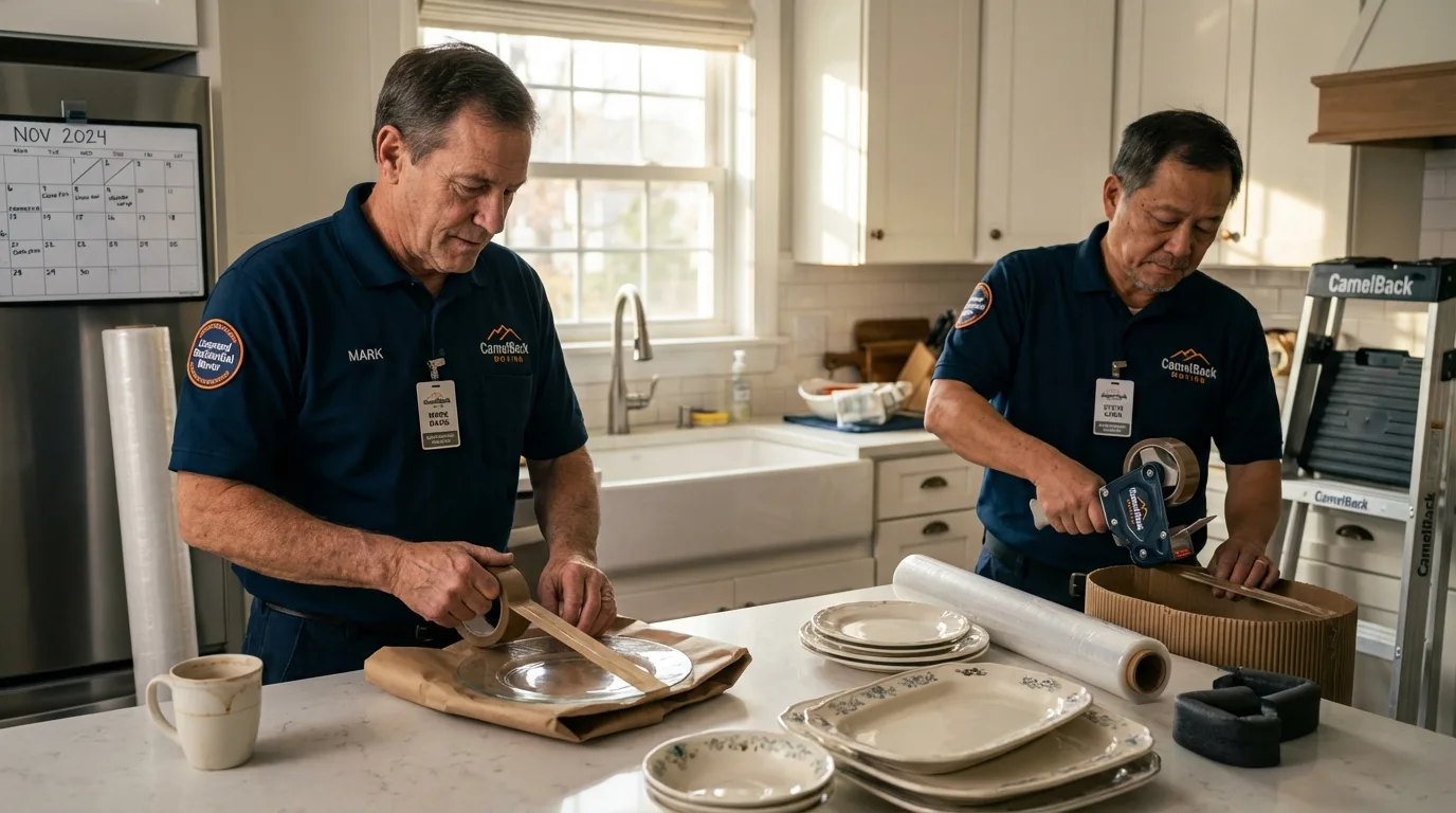 Professional crew packing kitchen dishware in Frankfort, ME